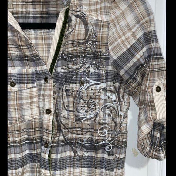Women's Small/S tan & brown rhinestone button up flannel, long sleeve, shirt, - Picture 2 of 4